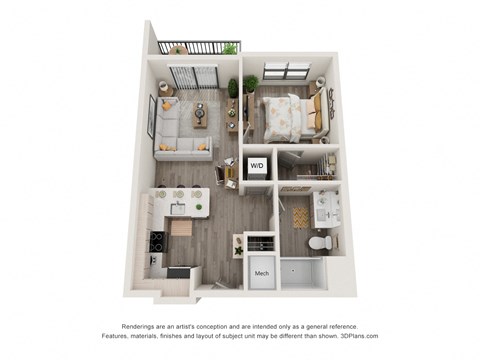 Floor plan for 1 bed, 1 bath, 632 sqft